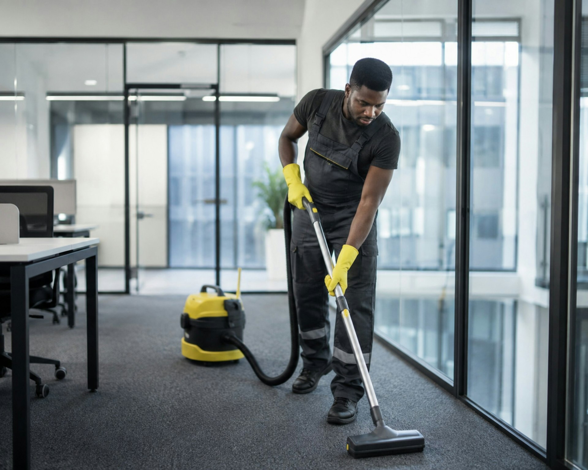 Commercial cleaning technician servicing an office floor