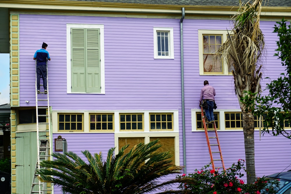 Two painters working from ladders